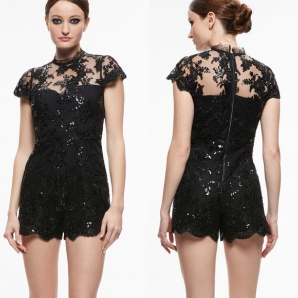 Alice + Olivia Alaina Sequined Lace-Trim Romper - Picture 11 of 11
